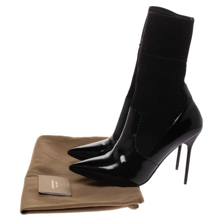 Pre Owned Burberry Black Patent Leather And Knit Stretch Fabric Pointed Toe Ankle Boots Size 38
