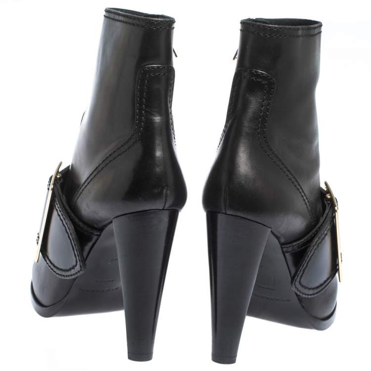 Pre Owned Burberry Black Leather Buckle Ankle Booties Size 39