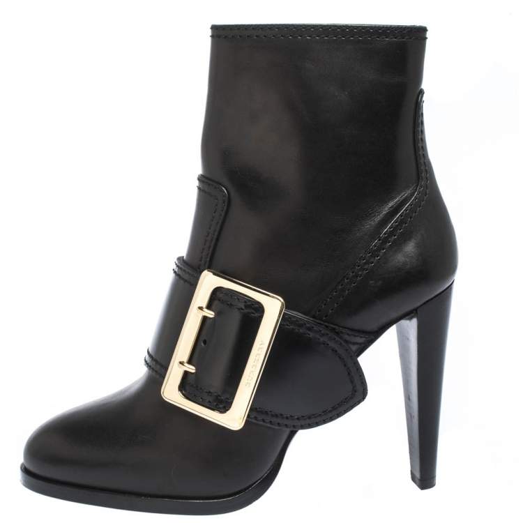 Pre Owned Burberry Black Leather Buckle Ankle Booties Size 39