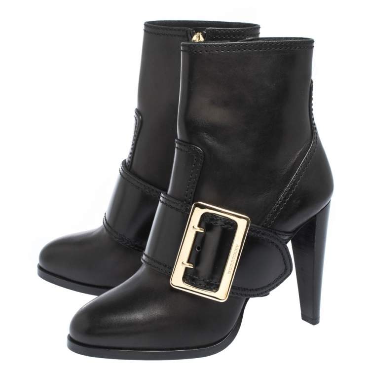 Pre Owned Burberry Black Leather Buckle Ankle Booties Size 39