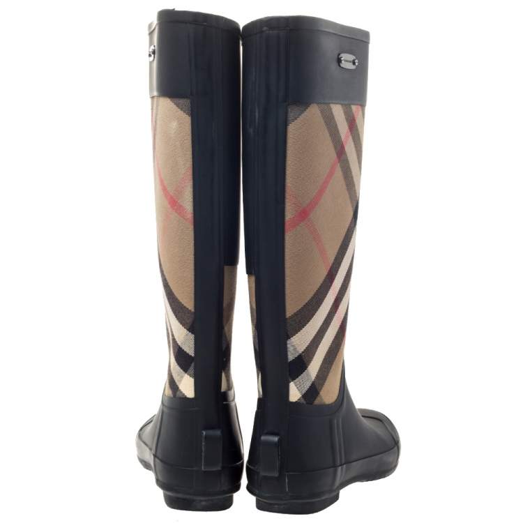 Pre Owned Burberry Black House Check Fabric and Rubber Rain  Boots Size 38