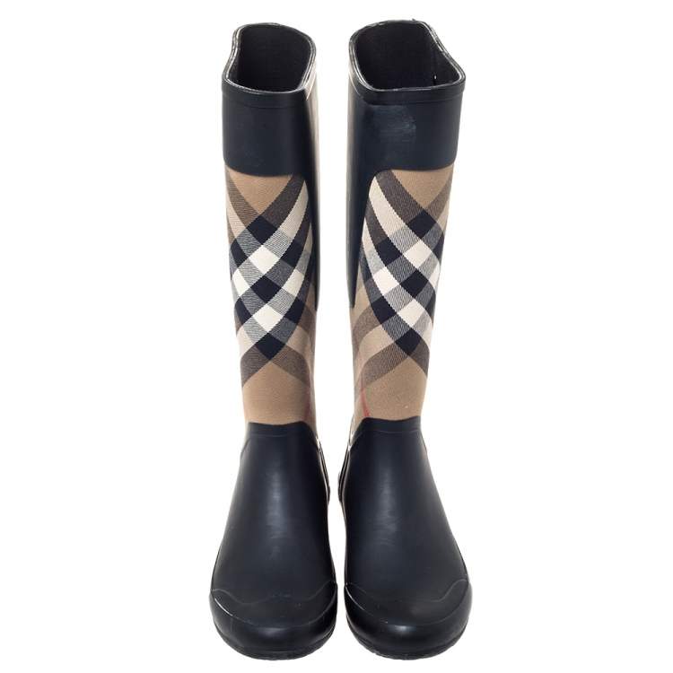 Pre Owned Burberry Black House Check Fabric and Rubber Rain  Boots Size 38