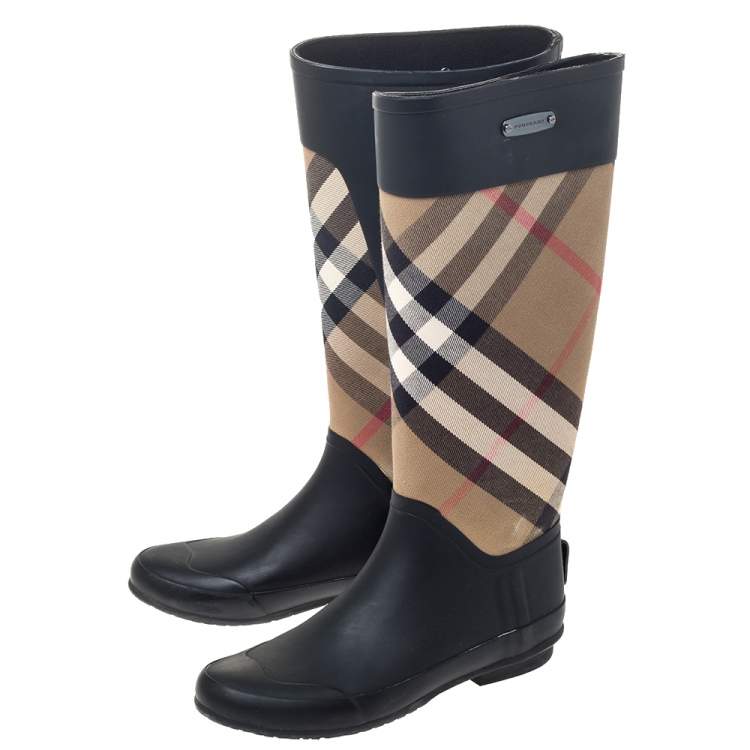 Pre Owned Burberry Black House Check Fabric and Rubber Rain  Boots Size 38