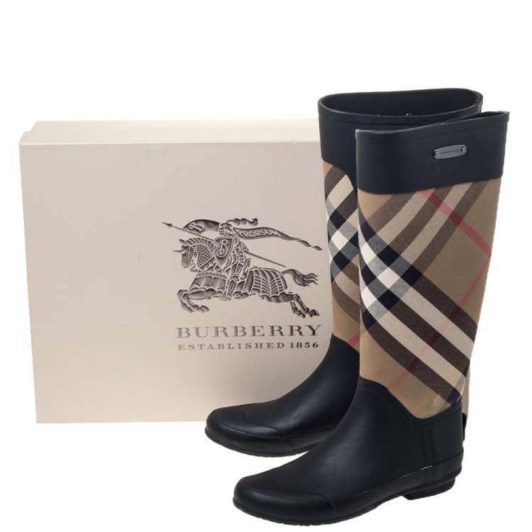 Pre Owned Burberry Black House Check Fabric and Rubber Rain  Boots Size 38