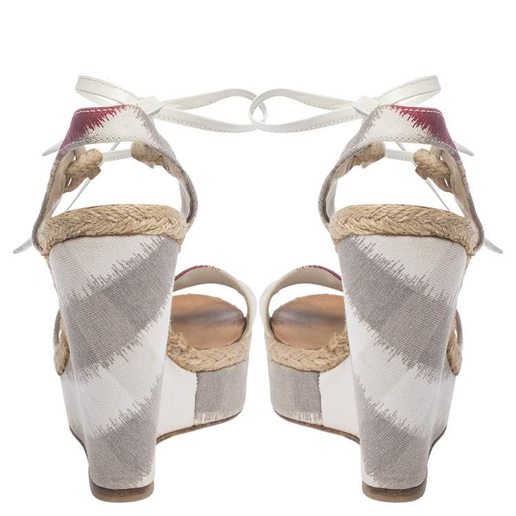 Pre Owned Burberry Multicolor Canvas and White Leather Ankle Wrap Platform Wedge Sandals Size 38