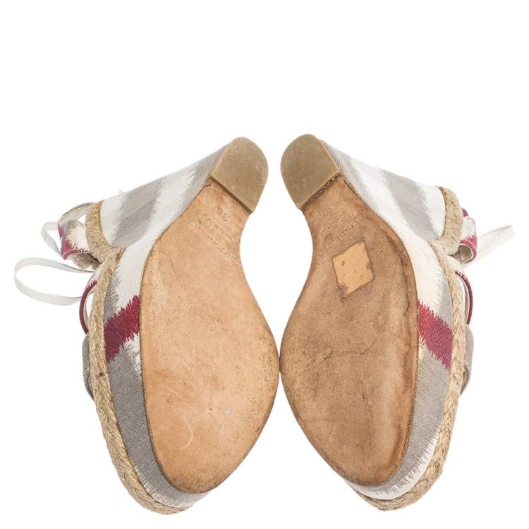Pre Owned Burberry Multicolor Canvas and White Leather Ankle Wrap Platform Wedge Sandals Size 38