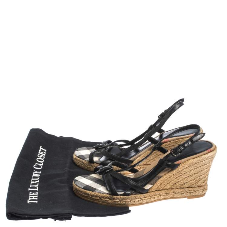 Pre Owned Burberry Black Leather Buckle Embellished Strappy Slingback Wedge Espadrilles Size 38