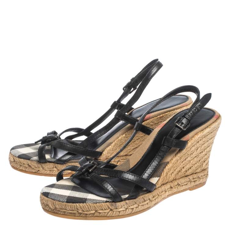 Pre Owned Burberry Black Leather Buckle Embellished Strappy Slingback Wedge Espadrilles Size 38