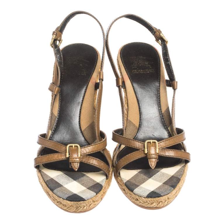 Pre Owned Burberry Brown Criss Cross Leather and Check Canvas Espadrille Wedge Sandals Size 39