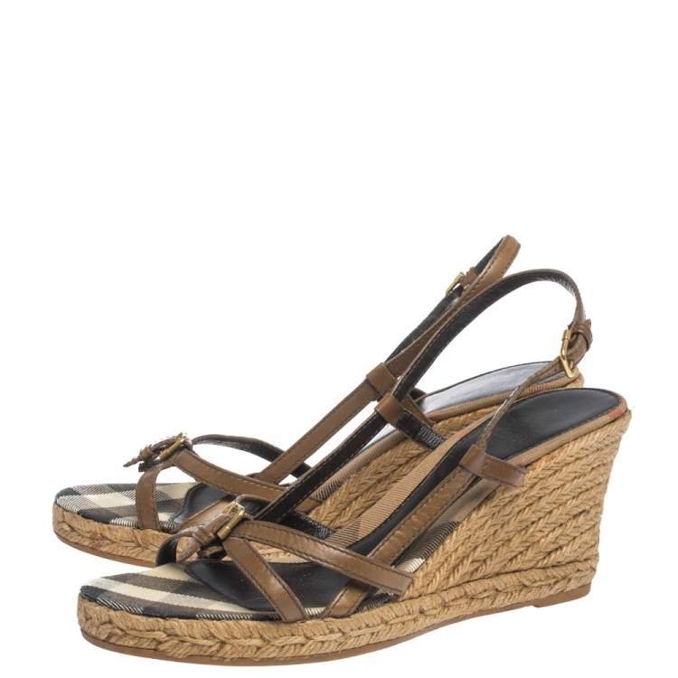 Pre Owned Burberry Brown Criss Cross Leather and Check Canvas Espadrille Wedge Sandals Size 39