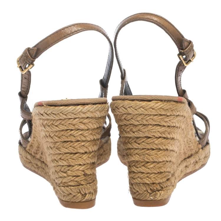 Pre Owned Burberry Brown Criss Cross Leather and Check Canvas Espadrille Wedge Sandals Size 39