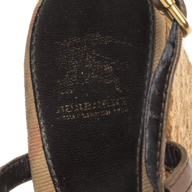 Pre Owned Burberry Brown Criss Cross Leather and Check Canvas Espadrille Wedge Sandals Size 39