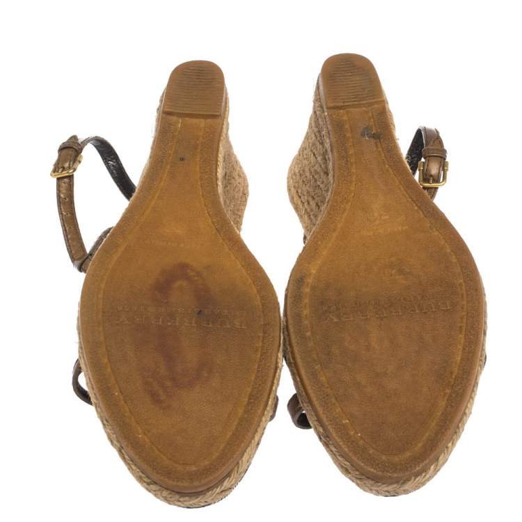 Pre Owned Burberry Brown Criss Cross Leather and Check Canvas Espadrille Wedge Sandals Size 39