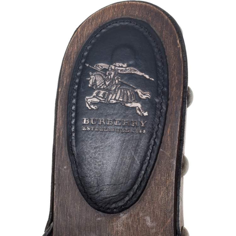 Pre Owned Burberry Metallic Leather And Check Canvas Studded Buckle Detail Clogs Sandals Size 36
