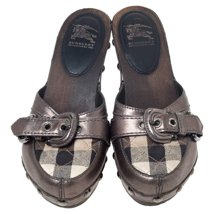 Pre Owned Burberry Metallic Leather And Check Canvas Studded Buckle Detail Clogs Sandals Size 36