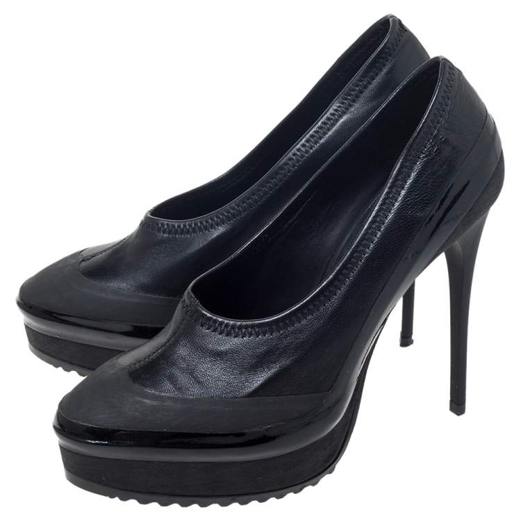 Pre Owned Burberry Black Leather Platform Booties Size 37.5 