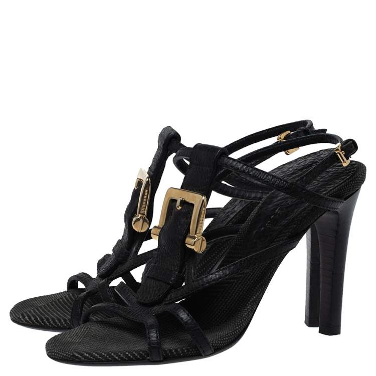 Pre Owned Burberry Black Leather T-Strap Buckle Detail Clanconnel Sandals Size 38