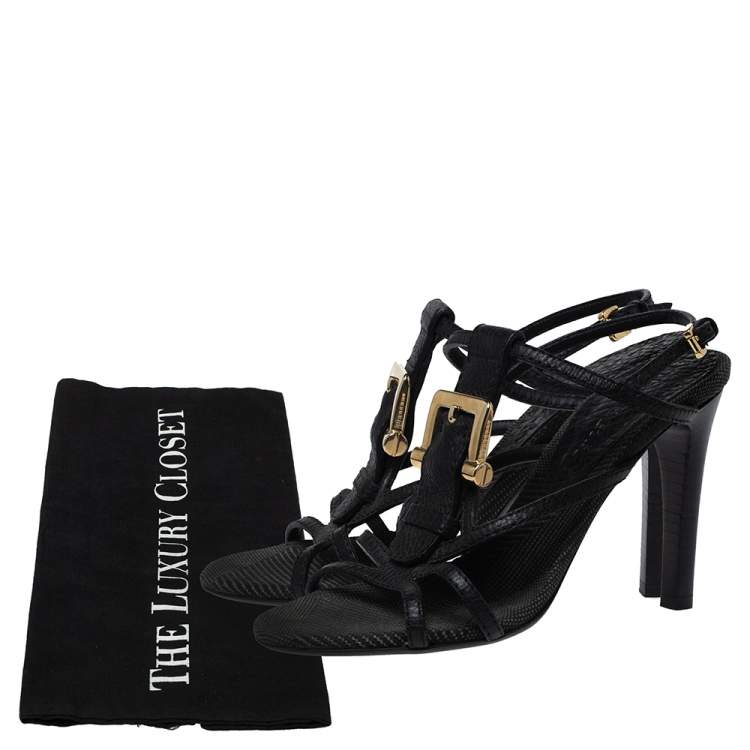 Pre Owned Burberry Black Leather T-Strap Buckle Detail Clanconnel Sandals Size 38