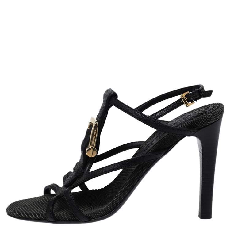 Pre Owned Burberry Black Leather T-Strap Buckle Detail Clanconnel Sandals Size 38