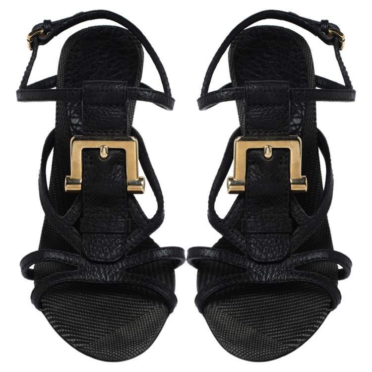 Pre Owned Burberry Black Leather T-Strap Buckle Detail Clanconnel Sandals Size 38
