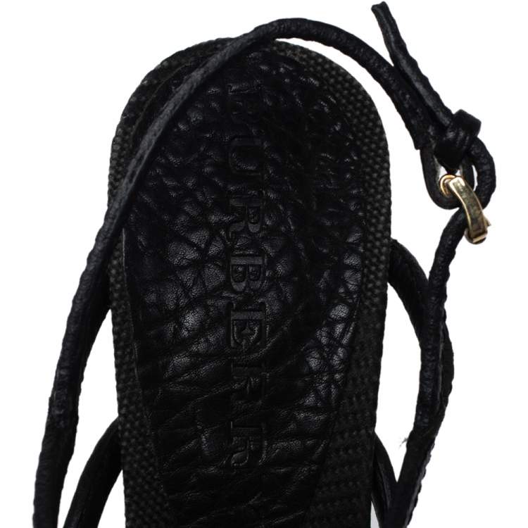 Pre Owned Burberry Black Leather T-Strap Buckle Detail Clanconnel Sandals Size 38