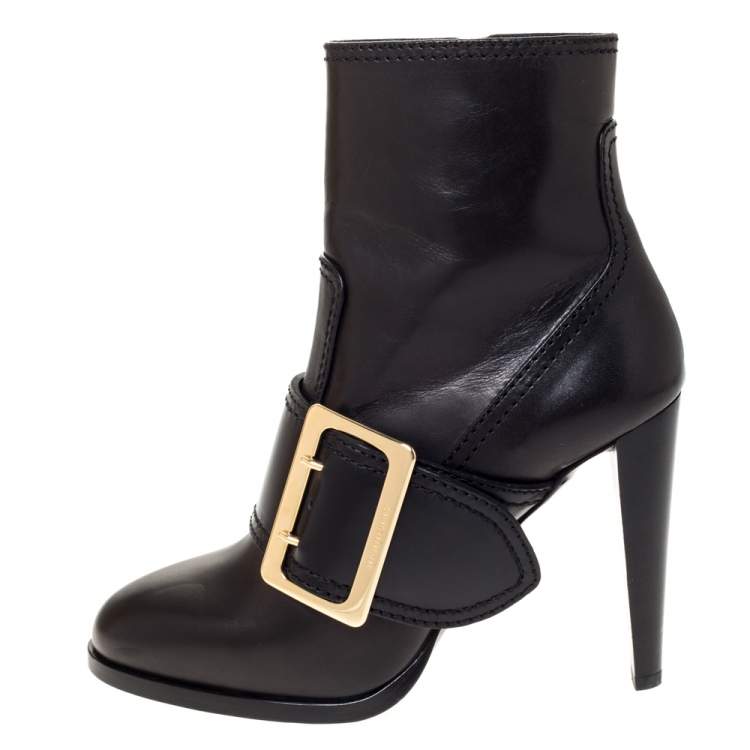 Pre Owned Burberry Black Leather Buckle Ankle Boots Size 40
