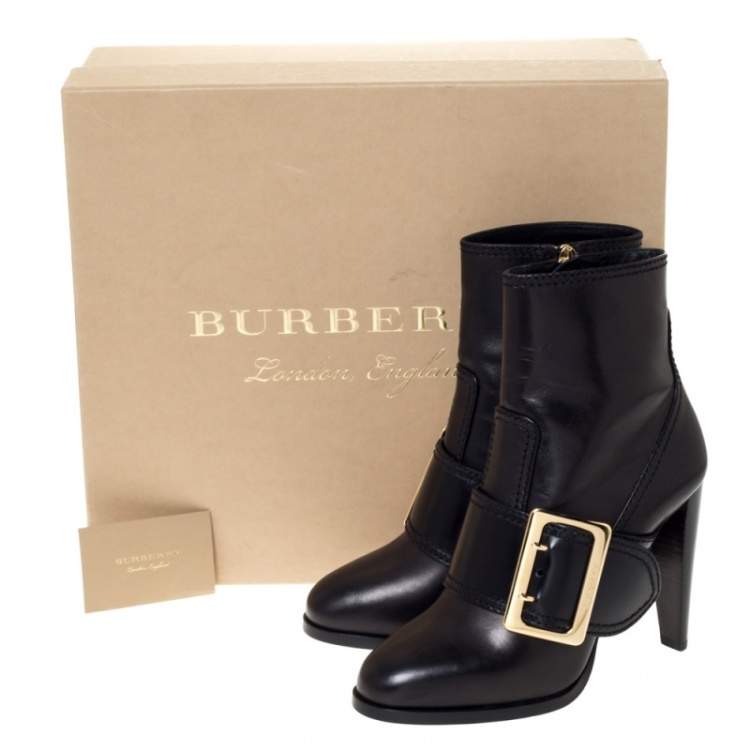 Pre Owned Burberry Black Leather Buckle Ankle Boots Size 40