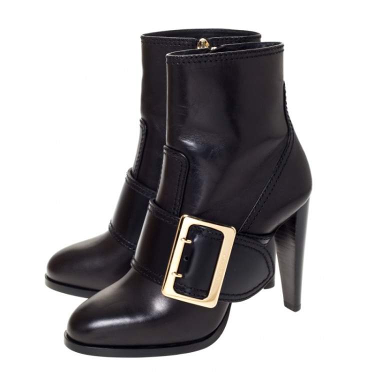 Pre Owned Burberry Black Leather Buckle Ankle Boots Size 40