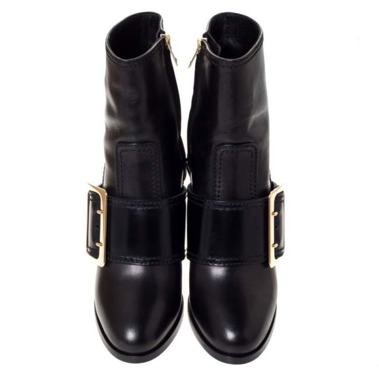 Pre Owned Burberry Black Leather Buckle Ankle Boots Size 40