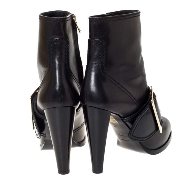 Pre Owned Burberry Black Leather Buckle Ankle Boots Size 40