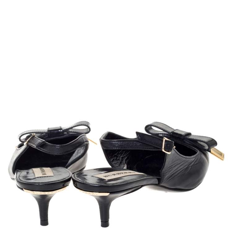 Pre Owned Burberry Black Leather And Patent Bow Slingback Sandals Size 36
