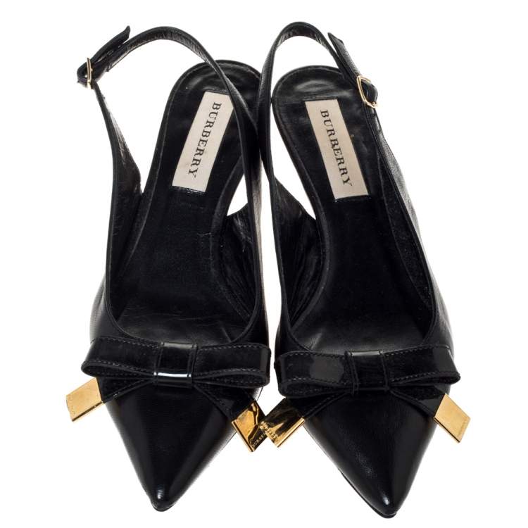 Pre Owned Burberry Black Leather And Patent Bow Slingback Sandals Size 36