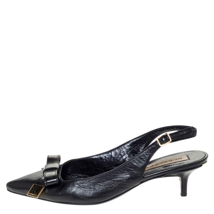 Pre Owned Burberry Black Leather And Patent Bow Slingback Sandals Size 36
