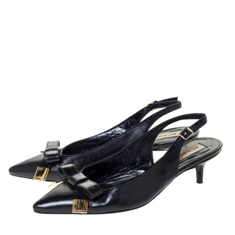 Pre Owned Burberry Black Leather And Patent Bow Slingback Sandals Size 36