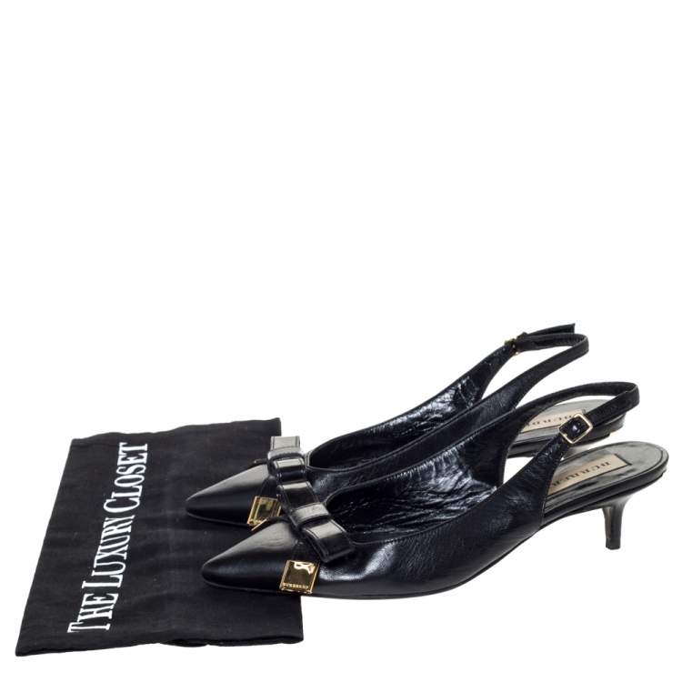 Pre Owned Burberry Black Leather And Patent Bow Slingback Sandals Size 36