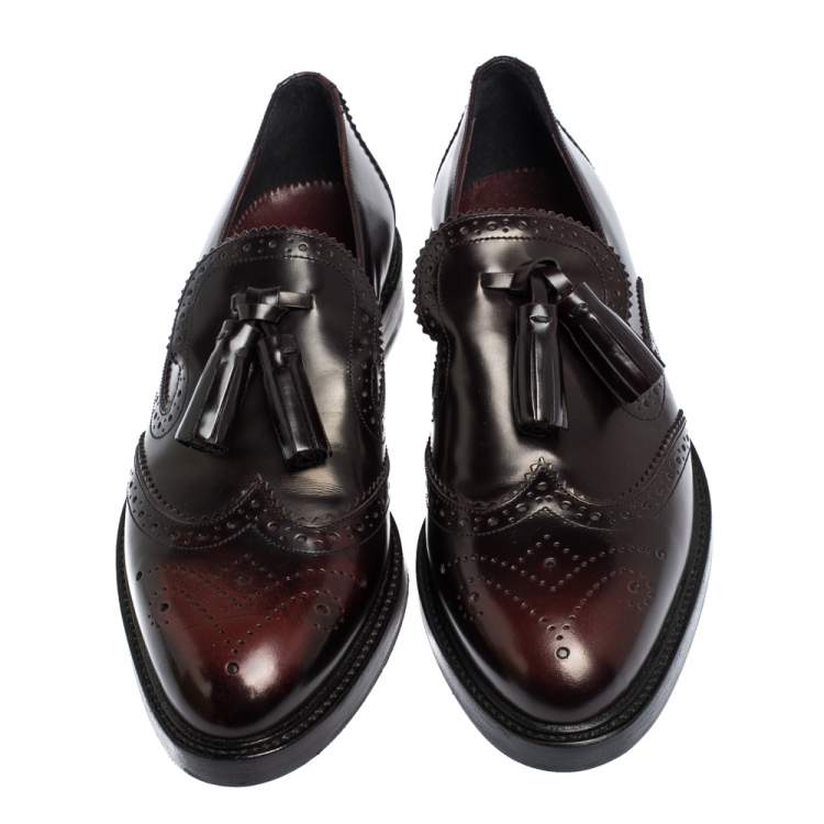 Pre Owned Burberry Burgundy Brogue Leather Tassel Detail Loafers Size 37