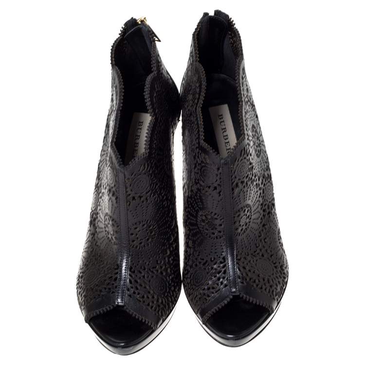 Pre Owned Burberry Black Leather Lazer Cut Peep Toe Ankle Booties Size 38