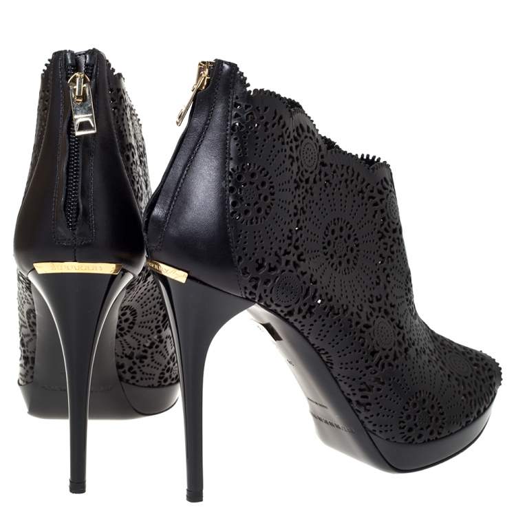 Pre Owned Burberry Black Leather Lazer Cut Peep Toe Ankle Booties Size 38