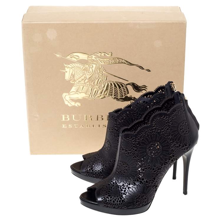 Pre Owned Burberry Black Leather Lazer Cut Peep Toe Ankle Booties Size 38