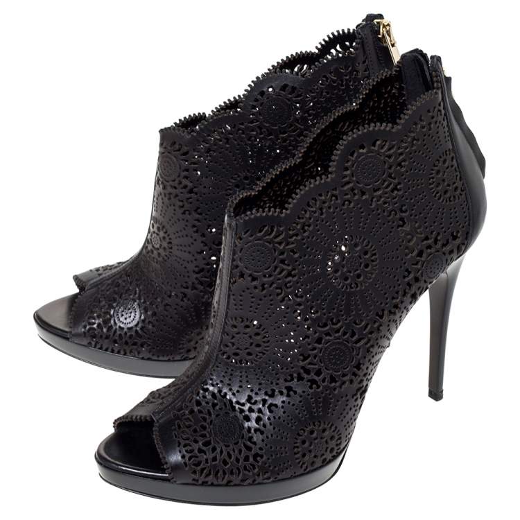 Pre Owned Burberry Black Leather Lazer Cut Peep Toe Ankle Booties Size 38