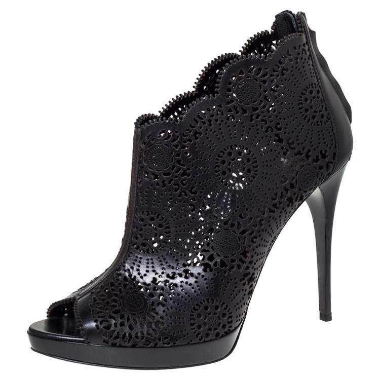 Pre Owned Burberry Black Leather Lazer Cut Peep Toe Ankle Booties Size 38