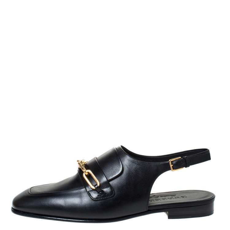 Pre Owned Burberry Black Leather ChelTown Chain Detail Slingback Loafer Sandals Size 37