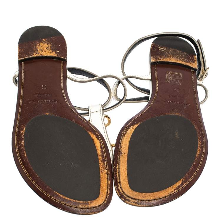 Pre Owned Burberry White Leather Horse Clip Thong Flat Sandals Size 39