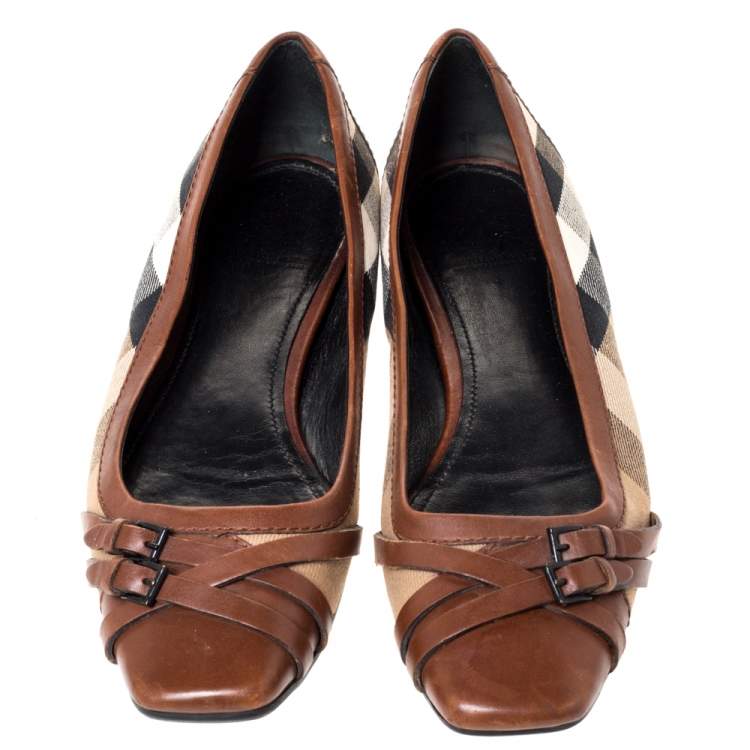 Pre Owned Burberry Brown House Check Canvas and Leather Buckle Ballet Flats Size 39