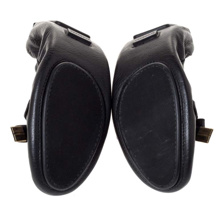 Pre Owned Burberry Black Leather Bow Scrunch Ballet Flats Size 41