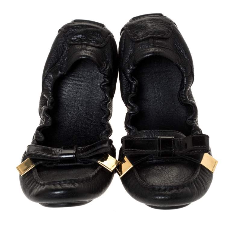 Pre Owned Burberry Black Leather Bow Scrunch Ballet Flats Size 41