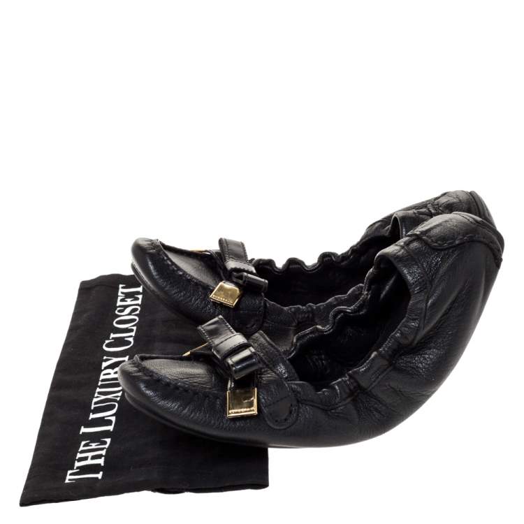 Pre Owned Burberry Black Leather Bow Scrunch Ballet Flats Size 41