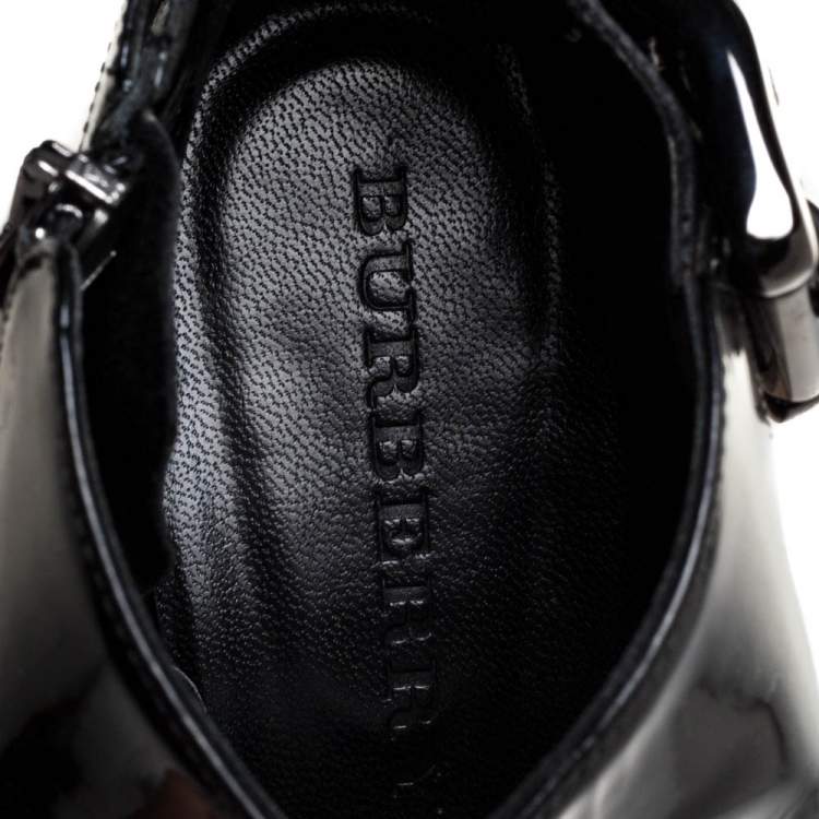Pre Owned Burberry Black Patent And Nova Check Canvas Buckle Detail Ankle Booties Size 39