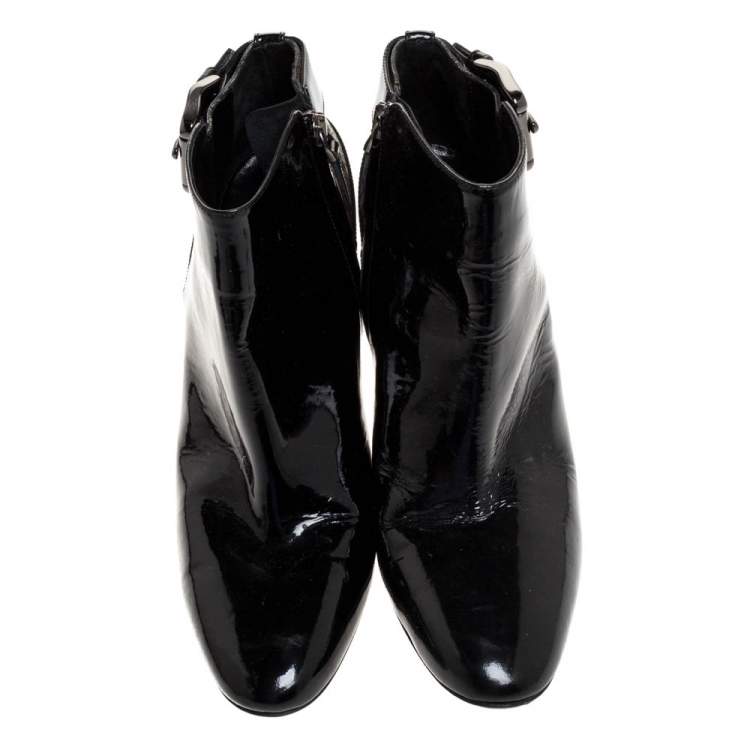 Pre Owned Burberry Black Patent And Nova Check Canvas Buckle Detail Ankle Booties Size 39
