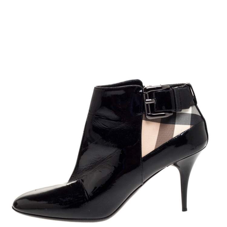 Pre Owned Burberry Black Patent And Nova Check Canvas Buckle Detail Ankle Booties Size 39